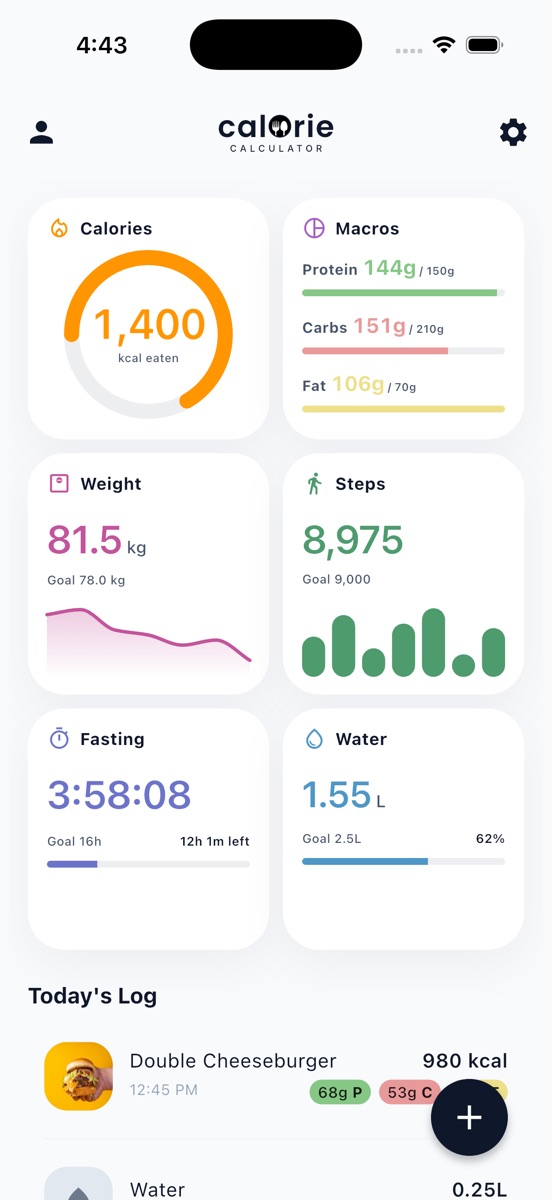 Calorie Calculator dashboard showing calories, macros, weight, steps, fasting and water cards