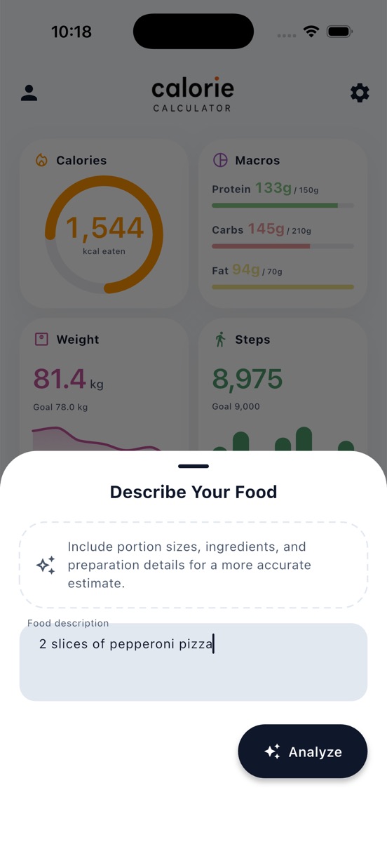 Describe Your Food sheet with the text "2 slices of pepperoni pizza" ready to analyse