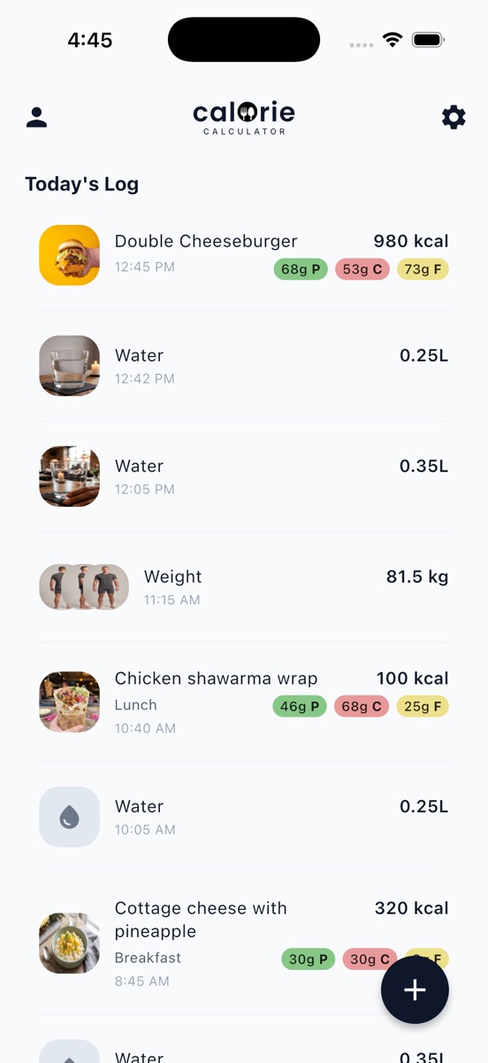 Today's Log listing meals, water and a weigh-in with times and macro tags