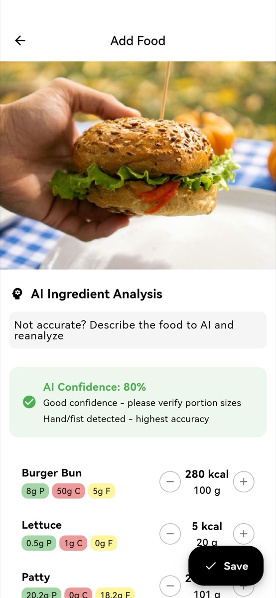 AI ingredient analysis breaking a burger into bun, lettuce and patty with per-item calories