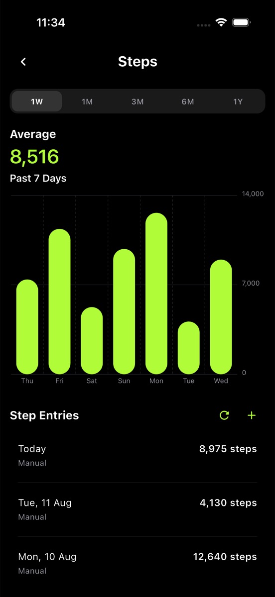 Steps screen with a seven-day bar chart and daily step entries